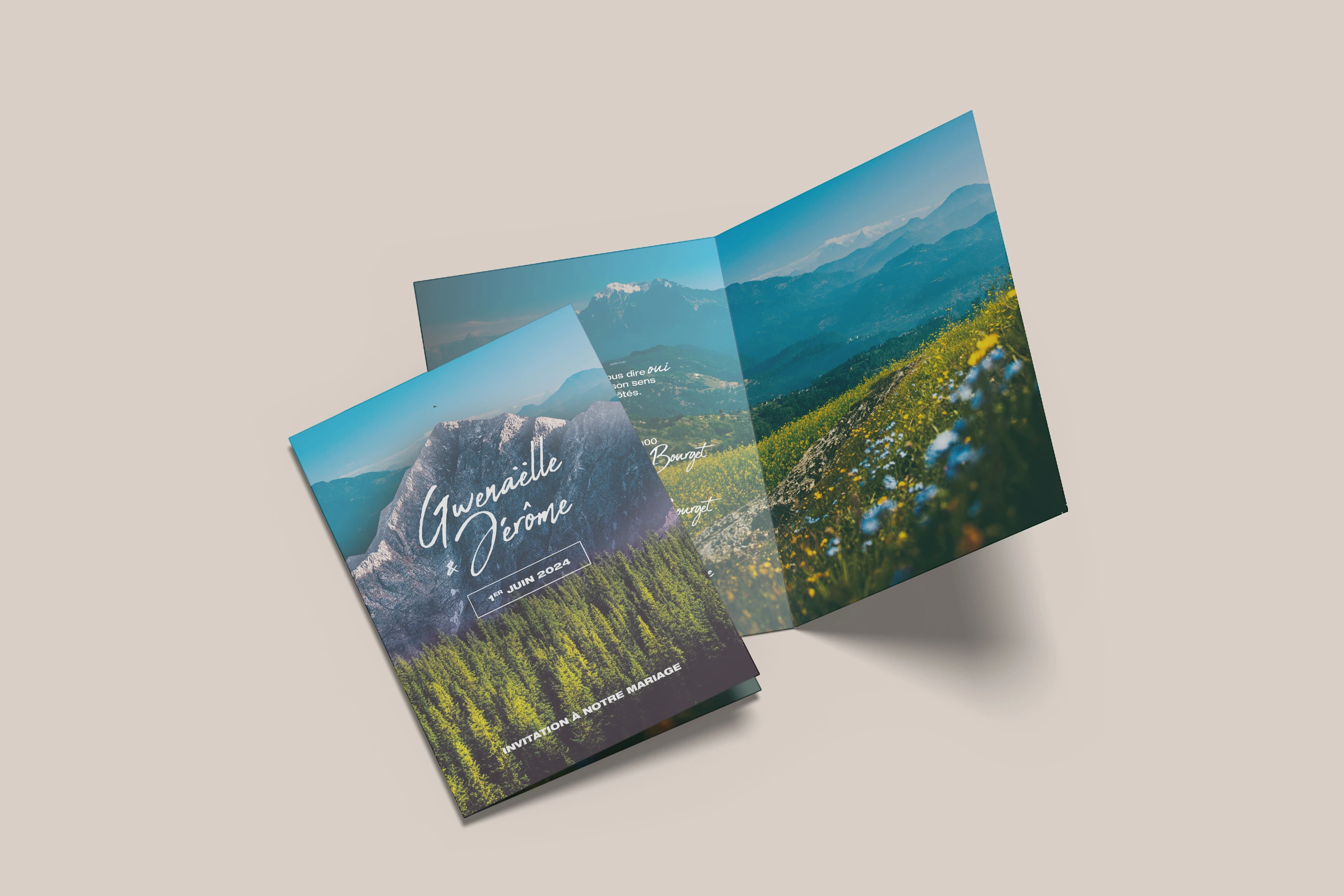 Invitation mariage avec découpe montagne et design naturel.