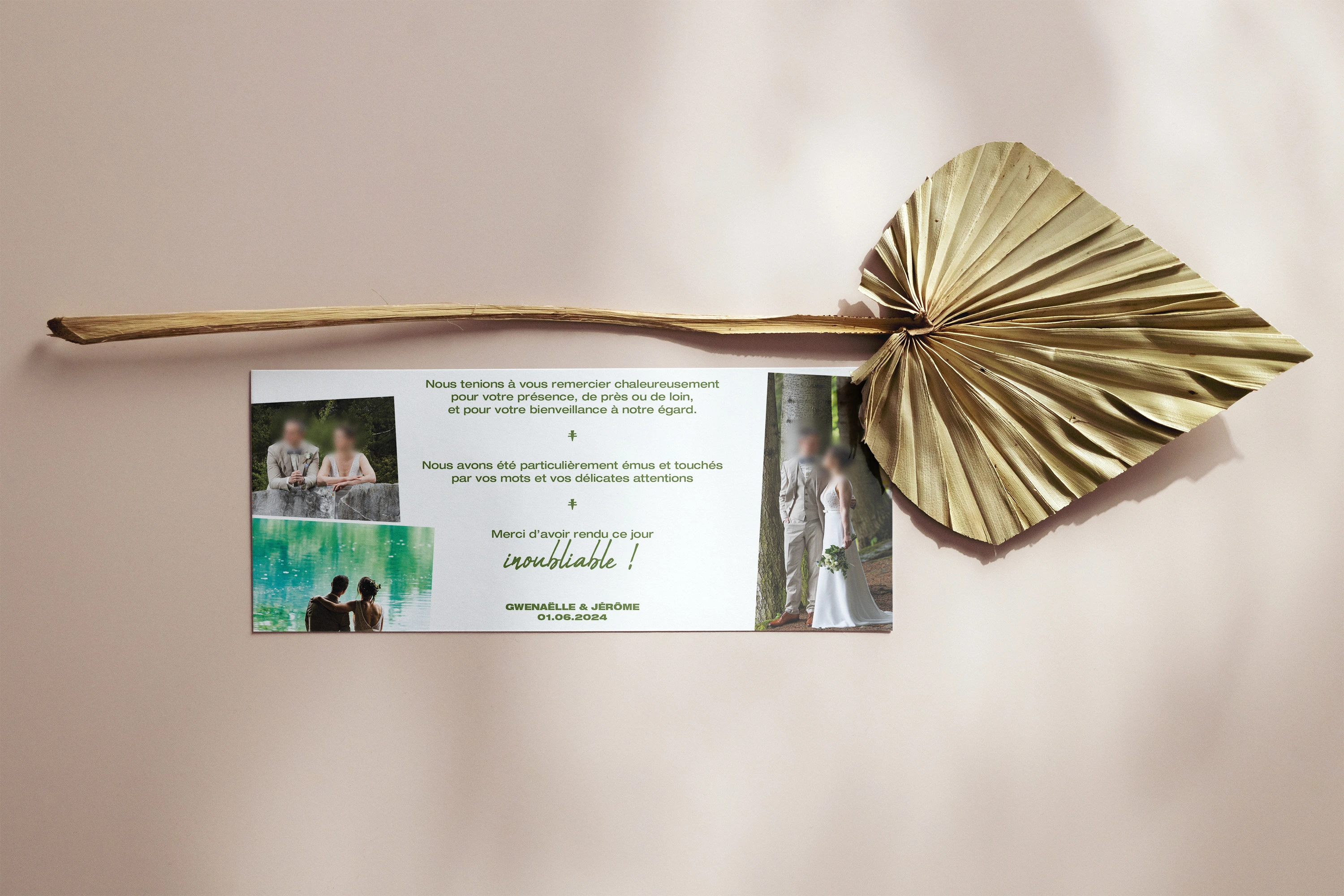 Carte de remerciement mariage avec feuille de bambou et paysage montagneux.